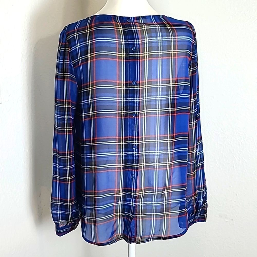 E hangar M Royal Blue Plaid Sheer Top w/Gold Accent Neckline, Size Large - Picture 8 of 11